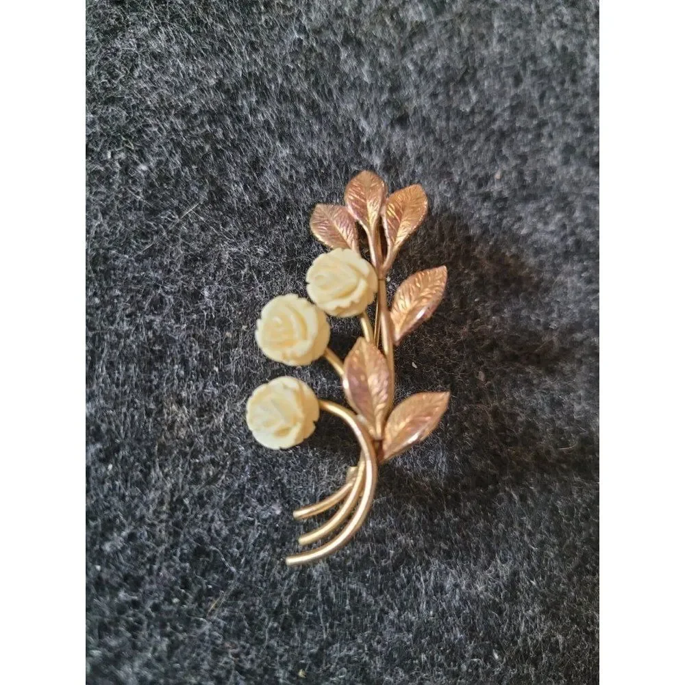 Vintage Brooch Carved Celluloid Rose Flower in Gold Tone